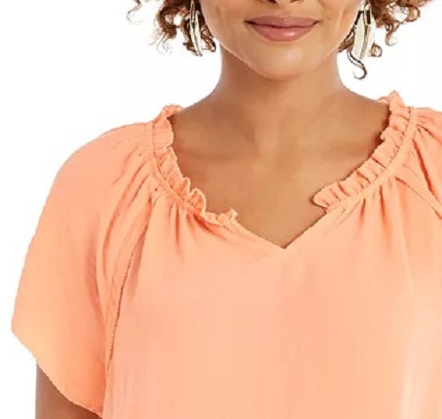 Style & Co Women's Crinkle Flutter-Sleeve Top Orange Size Medium