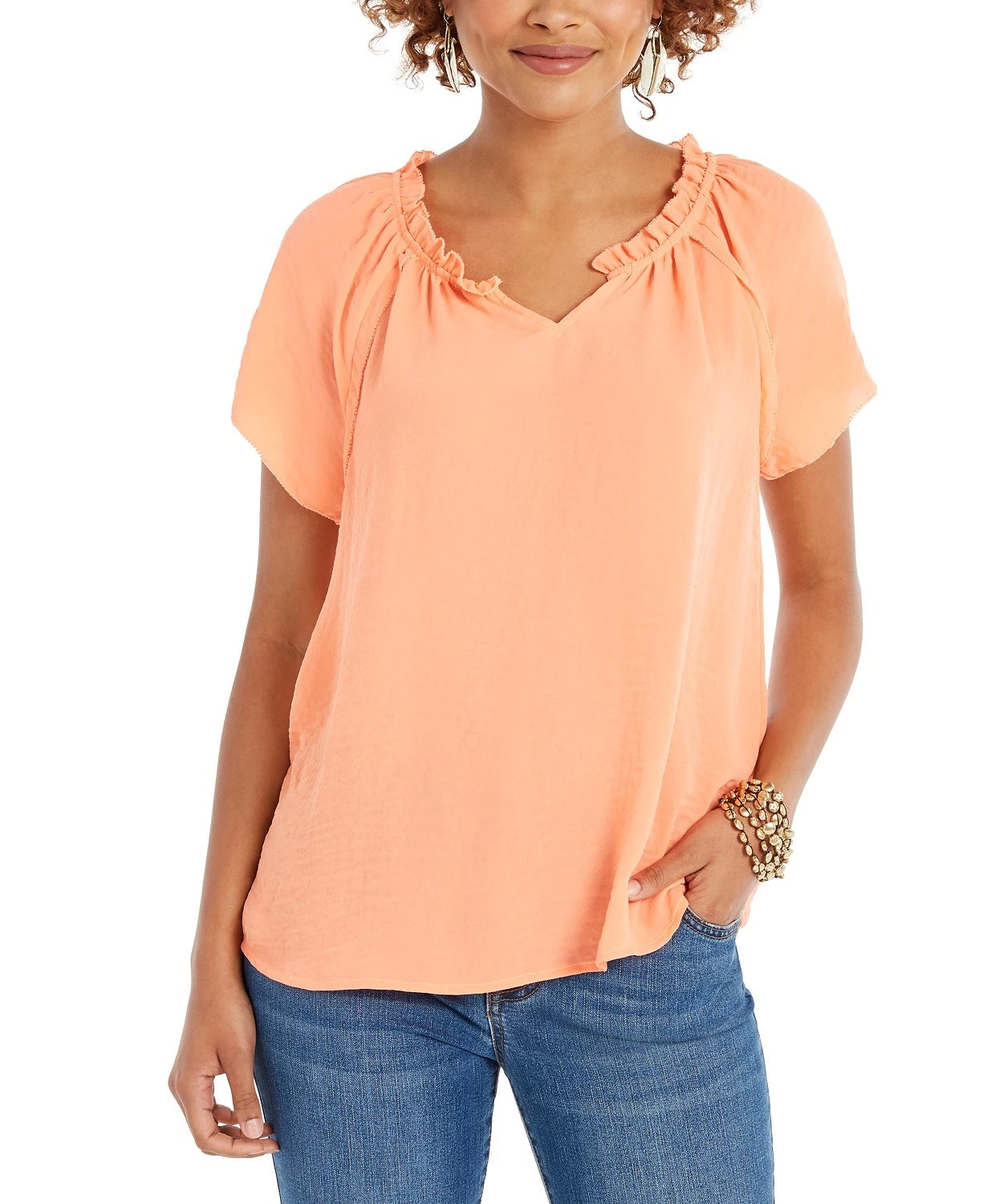 Style & Co Women's Crinkle Flutter-Sleeve Top Orange Size Extra Small