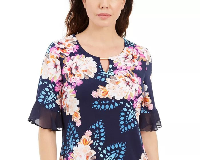 JM Collection Women's  Liza Floral-Print Keyhole Top Blue Size X-Large