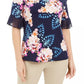 JM Collection Women's  Liza Floral-Print Keyhole Top Blue Size X-Large