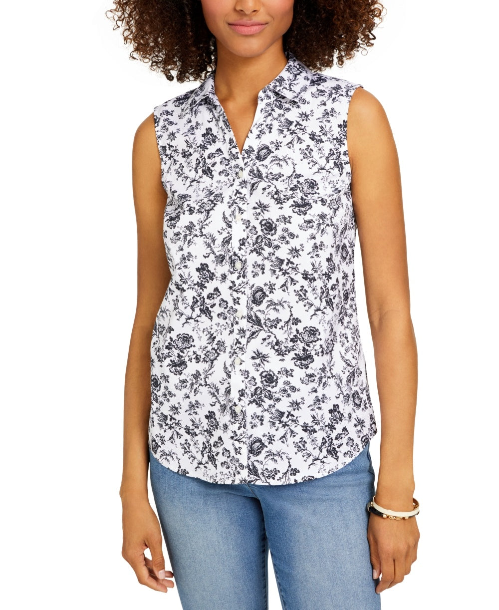 Charter Club Women's Toile Print Sleeveless Shirt Black Size 16