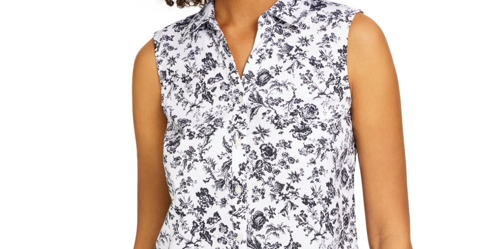 Charter Club Women's Toile Print Sleeveless Shirt Black Size 16