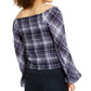 INC International Concepts Women's Plaid Smocked-Bodice Top Turq/Aqua Size Small