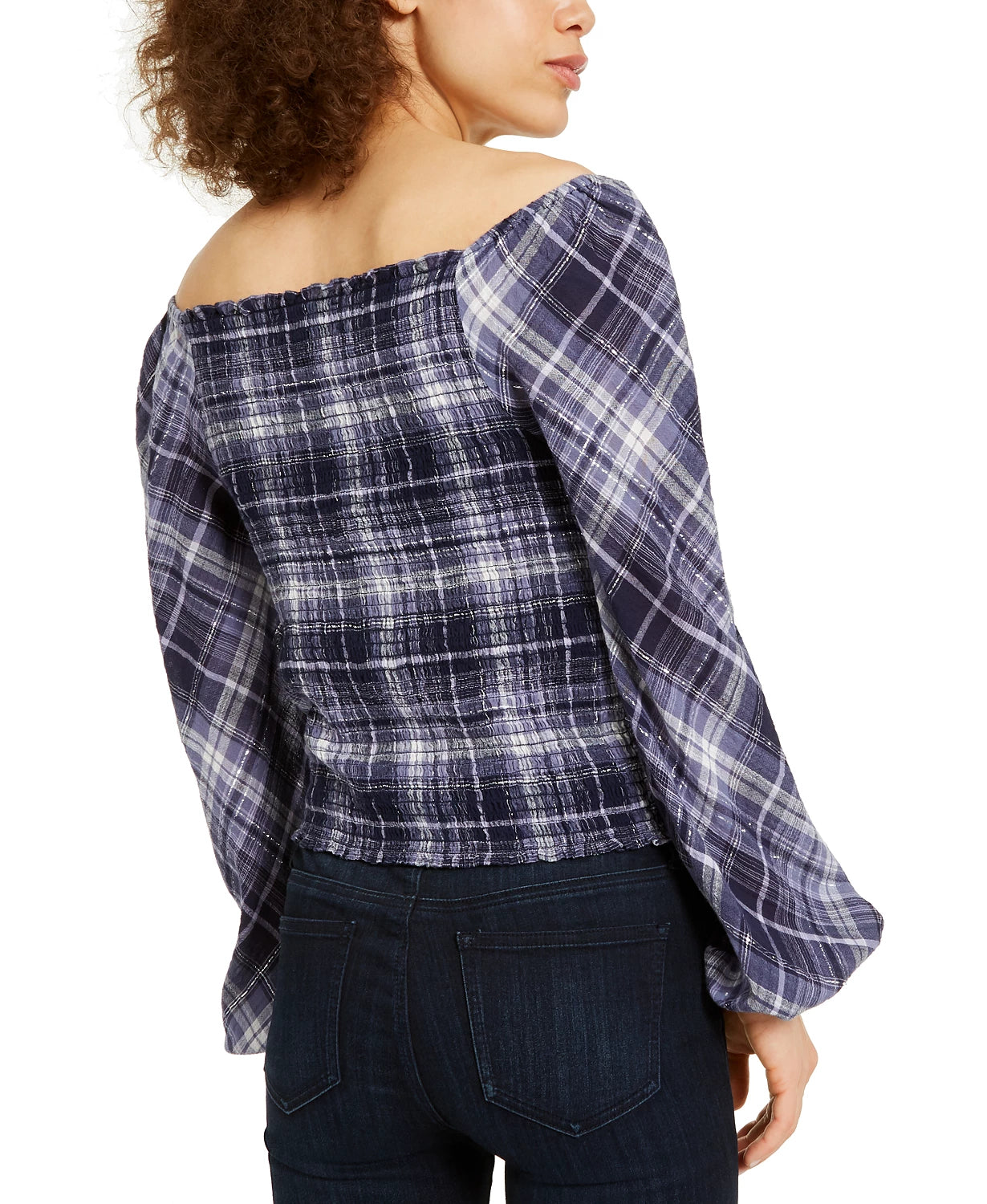 INC International Concepts Women's Plaid Smocked-Bodice Top Turq/Aqua Size Small
