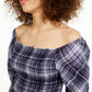 INC International Concepts Women's Plaid Smocked-Bodice Top Turq/Aqua Size Small