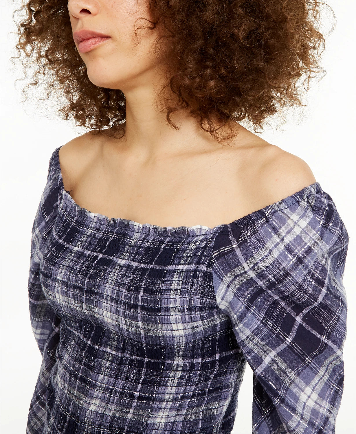 INC International Concepts Women's Plaid Smocked-Bodice Top Turq/Aqua Size Small