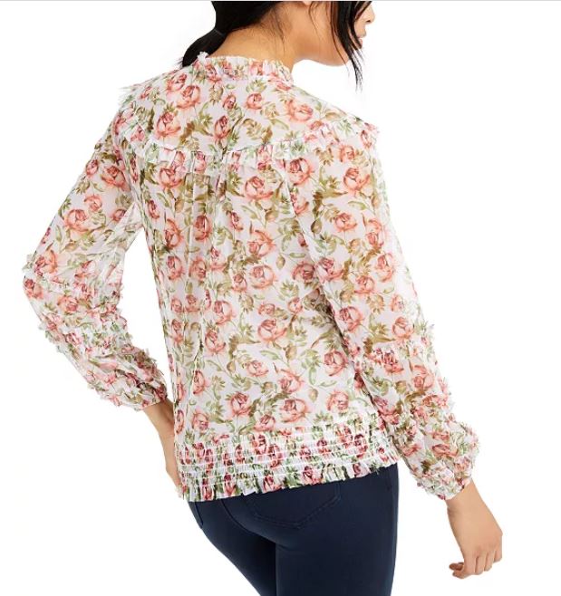 INC International Concepts Women's Printed Peasant Blouse White Size Small