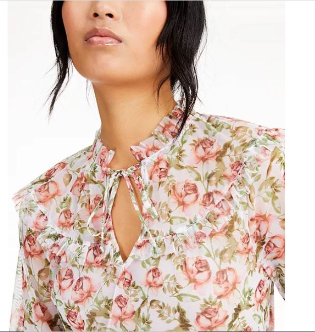 INC International Concepts Women's Printed Peasant Blouse White Size Small