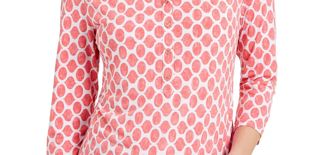 Charter Club Women's 3/4 Sleeve Printed Polo Top Black Size Small