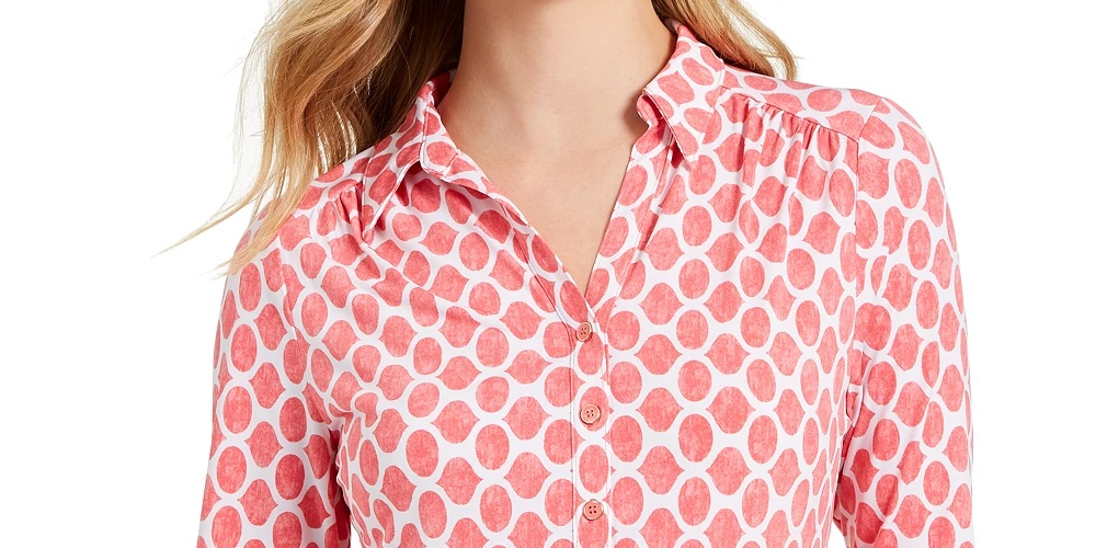 Charter Club Women's 3/4 Sleeve Printed Polo Top Black Size Extra Large