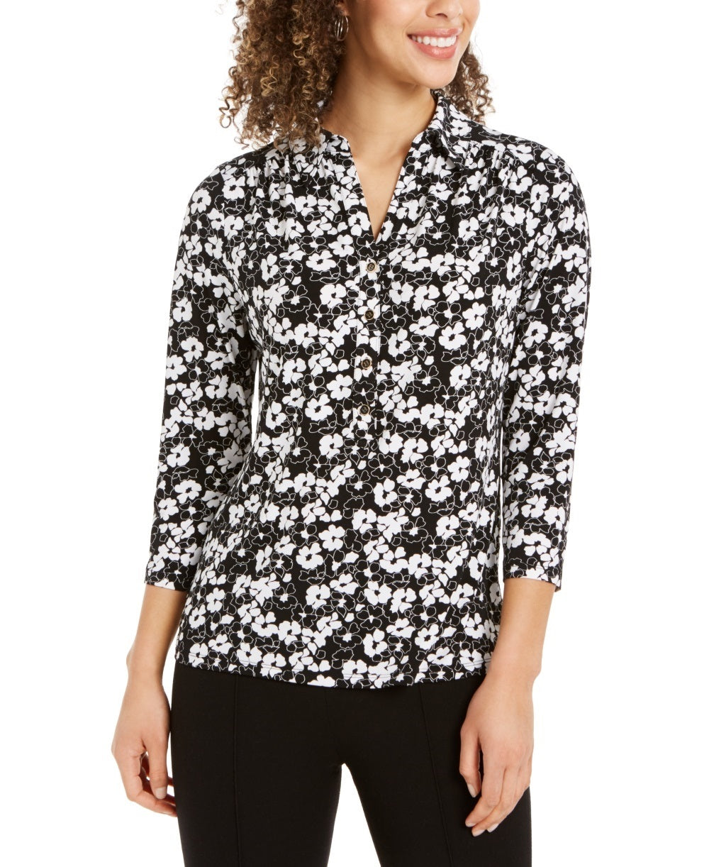 Charter Club Women's 3/4 Sleeve Printed Polo Top  Black Size XX-Large