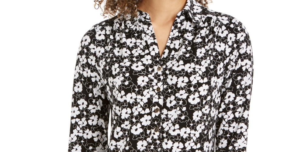 Charter Club Women's 3/4 Sleeve Printed Polo Top  Black Size XX-Large