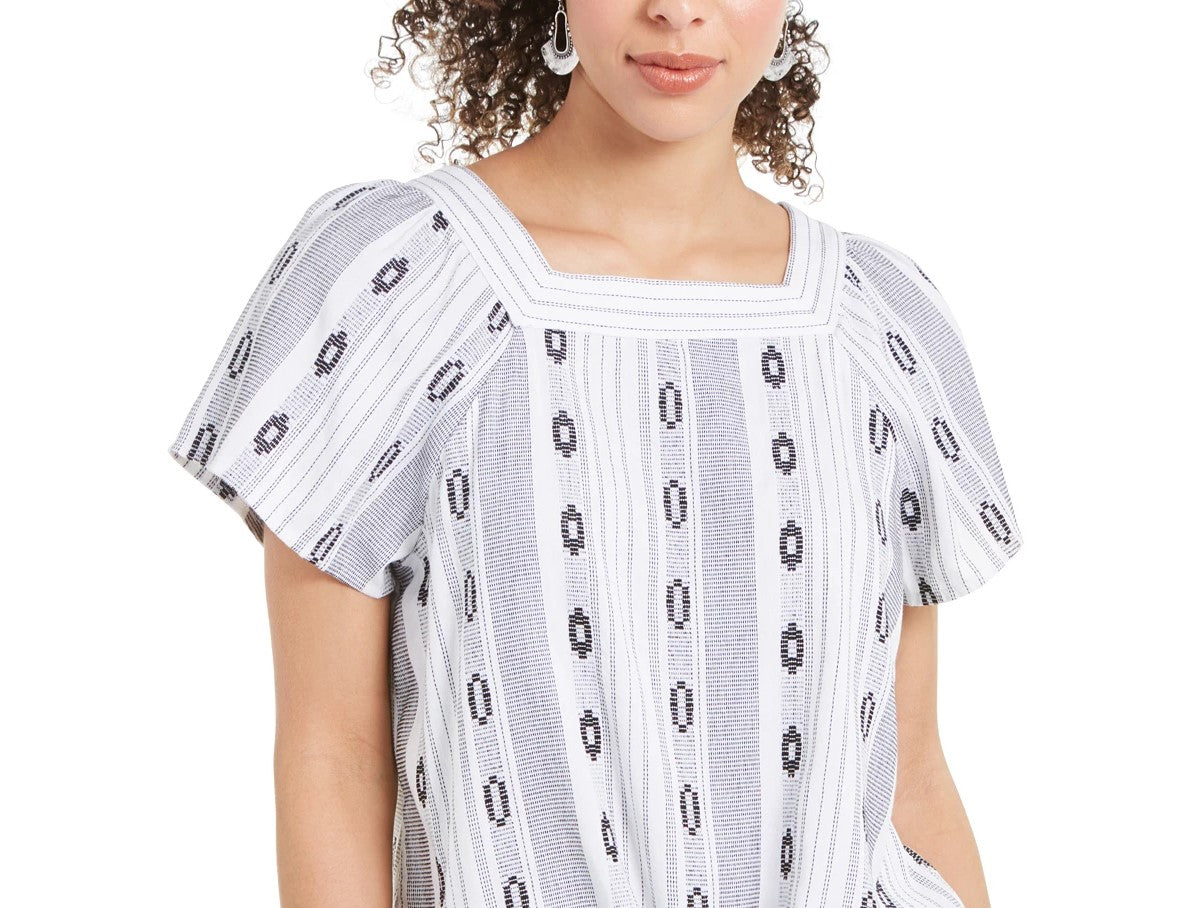 Style & Co Women's Printed Square-Neck Tie-Front Top Navy Size Medium