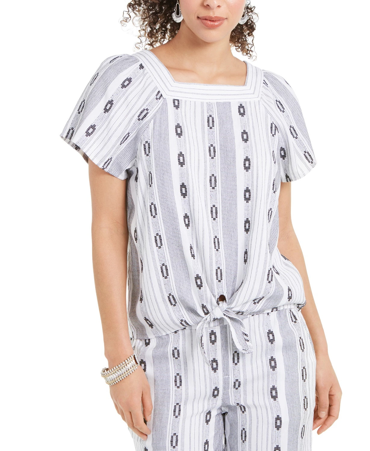 Style & Co Women's Printed Square-Neck Tie-Front Top Navy Size Extra Large