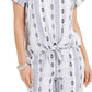 Style & Co Women's Printed Square-Neck Tie-Front Top Navy Size Extra Large