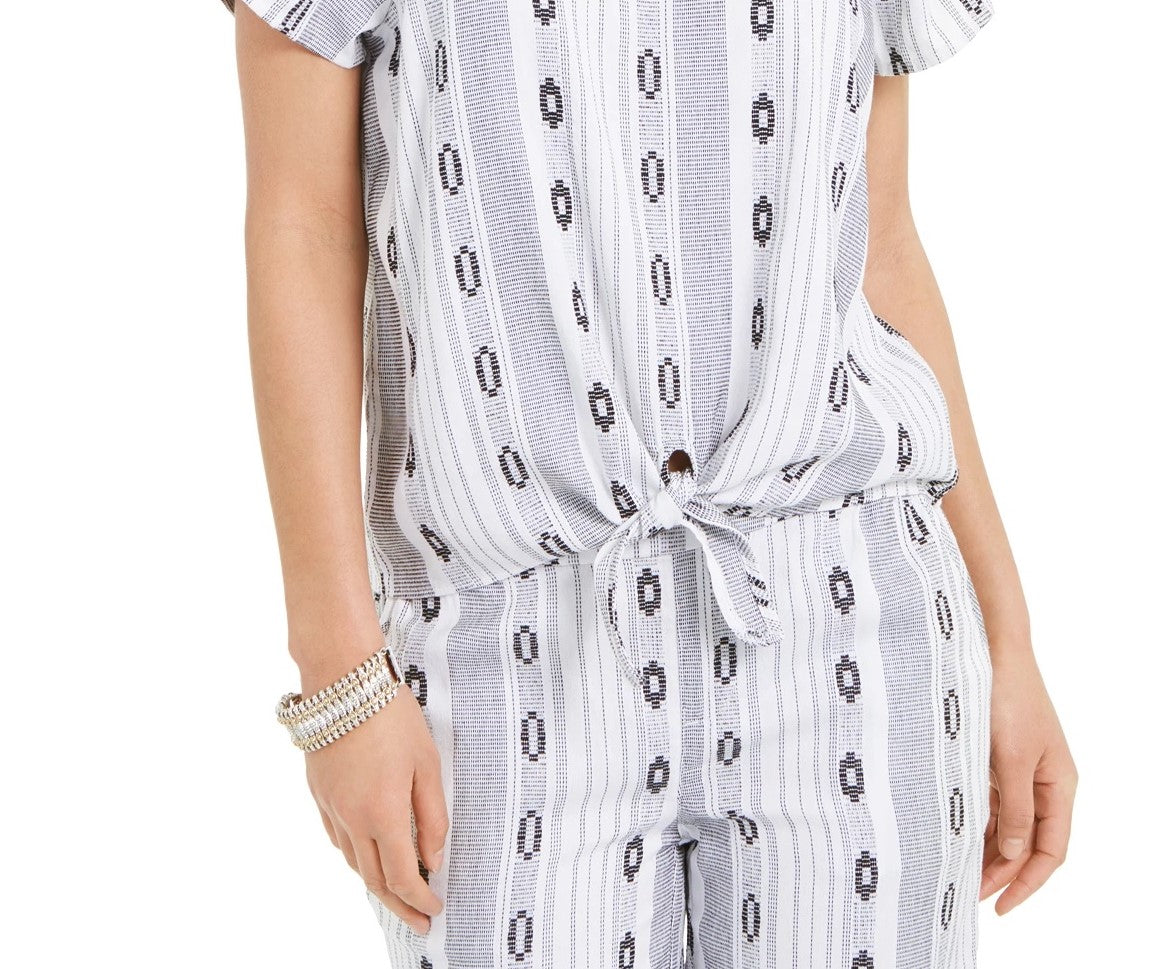 Style & Co Women's Printed Square-Neck Tie-Front Top Navy Size Extra Large