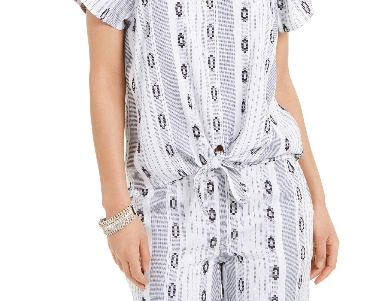 Style & Co Women's Printed Square-Neck Tie-Front Top White Size Large