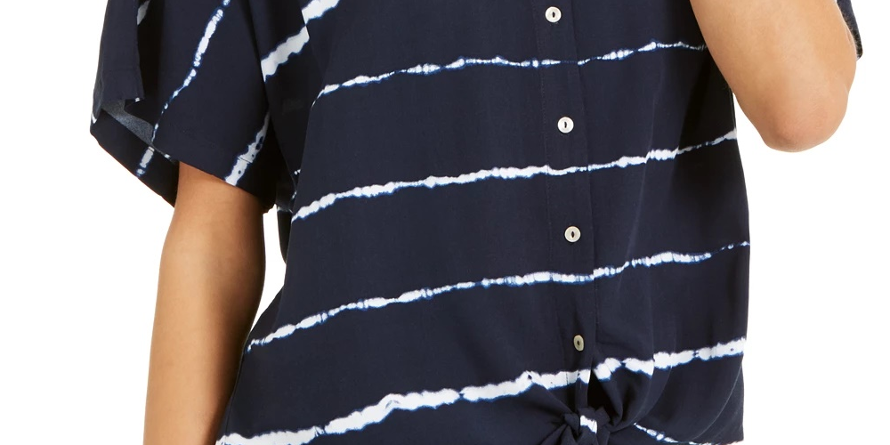 Style & Co Women's Striped Tie-Dyed Tie-Front Blouse Navy Size Medium