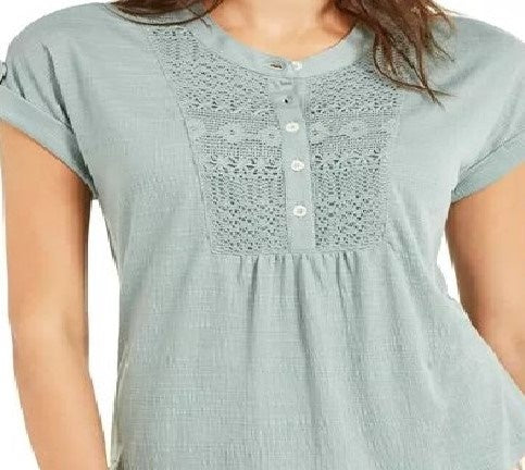 Style & Co Women's Crochet Bib Textured Top Green Size Small