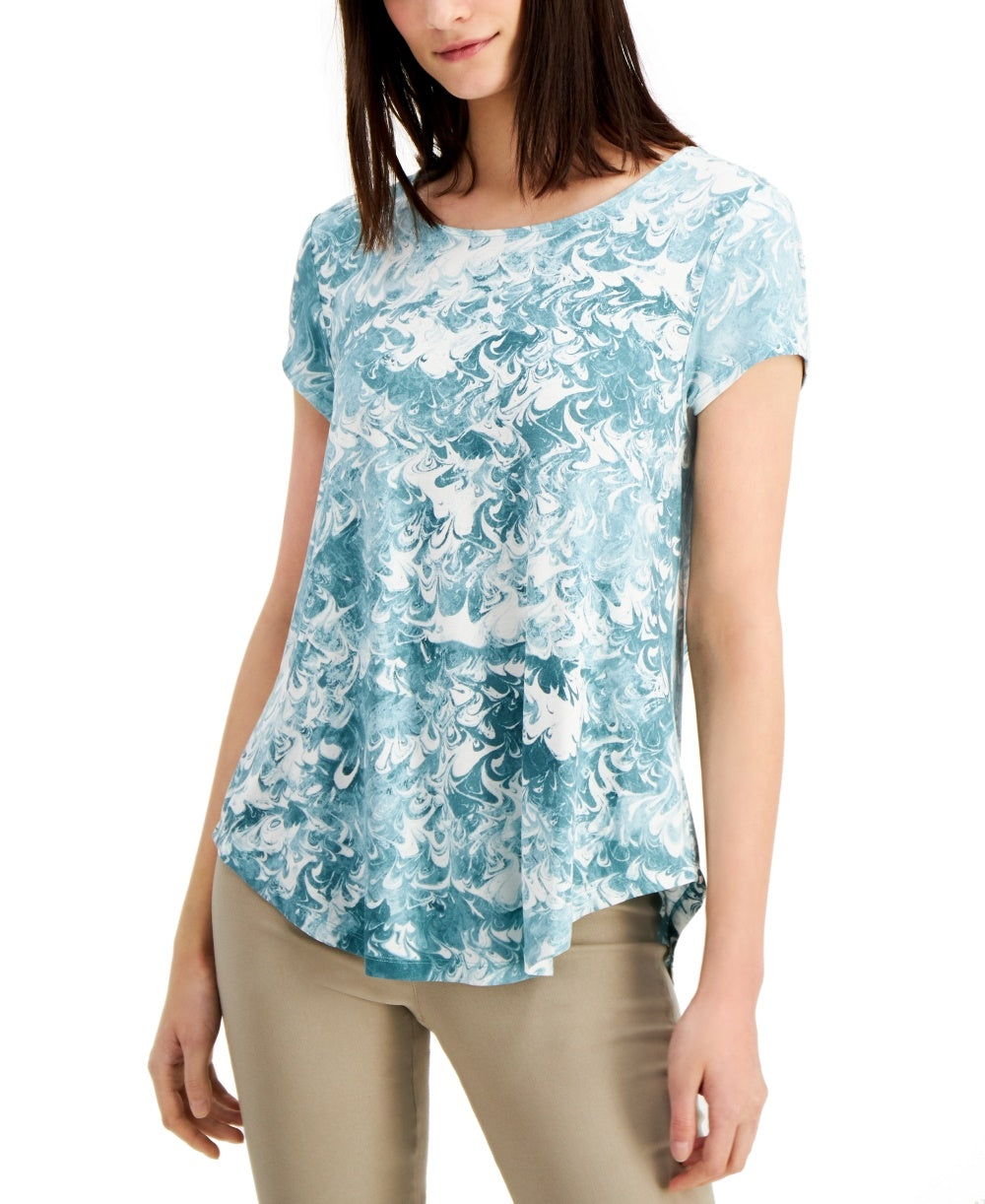 Alfani Women's Teal Printed Short Sleeve Jewel Neck Top Green Size Small