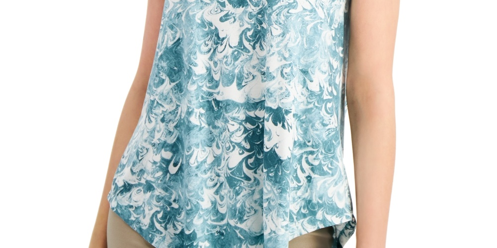 Alfani Women's Teal Printed Short Sleeve Jewel Neck Top Green Size Small