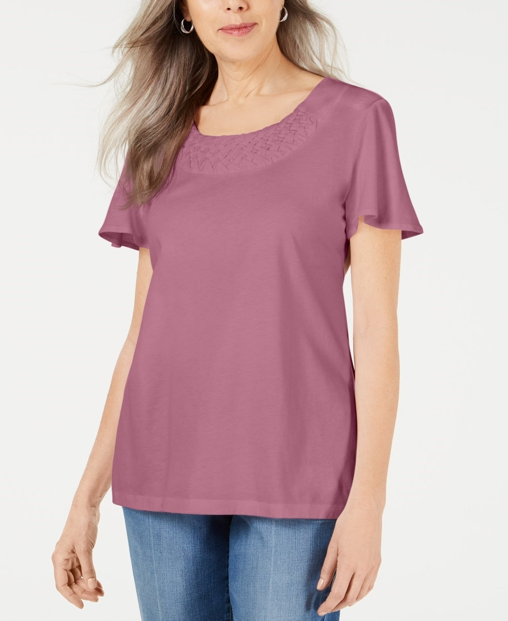 Karen Scott Women's Basketweave Trim Flutter Sleeve Top Pink Size Large