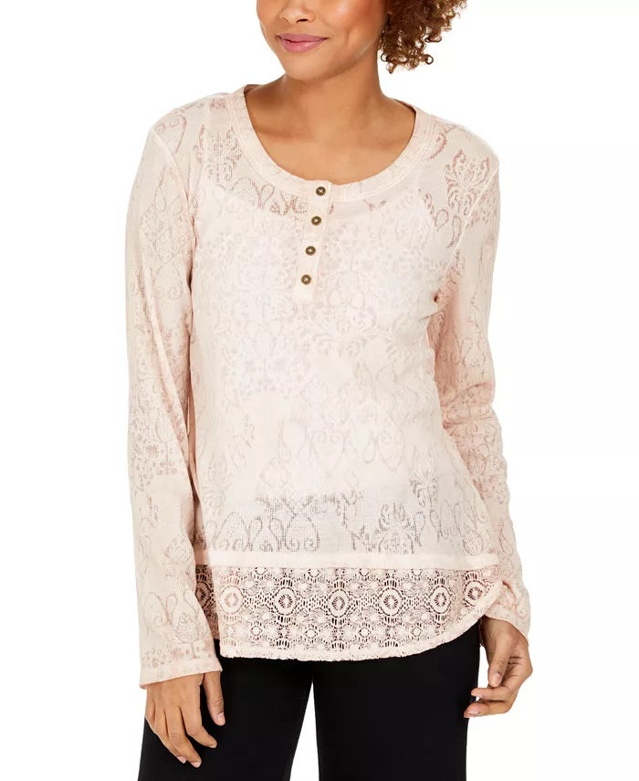 Style & Co Women's Lace Henley Top White Size X-Small