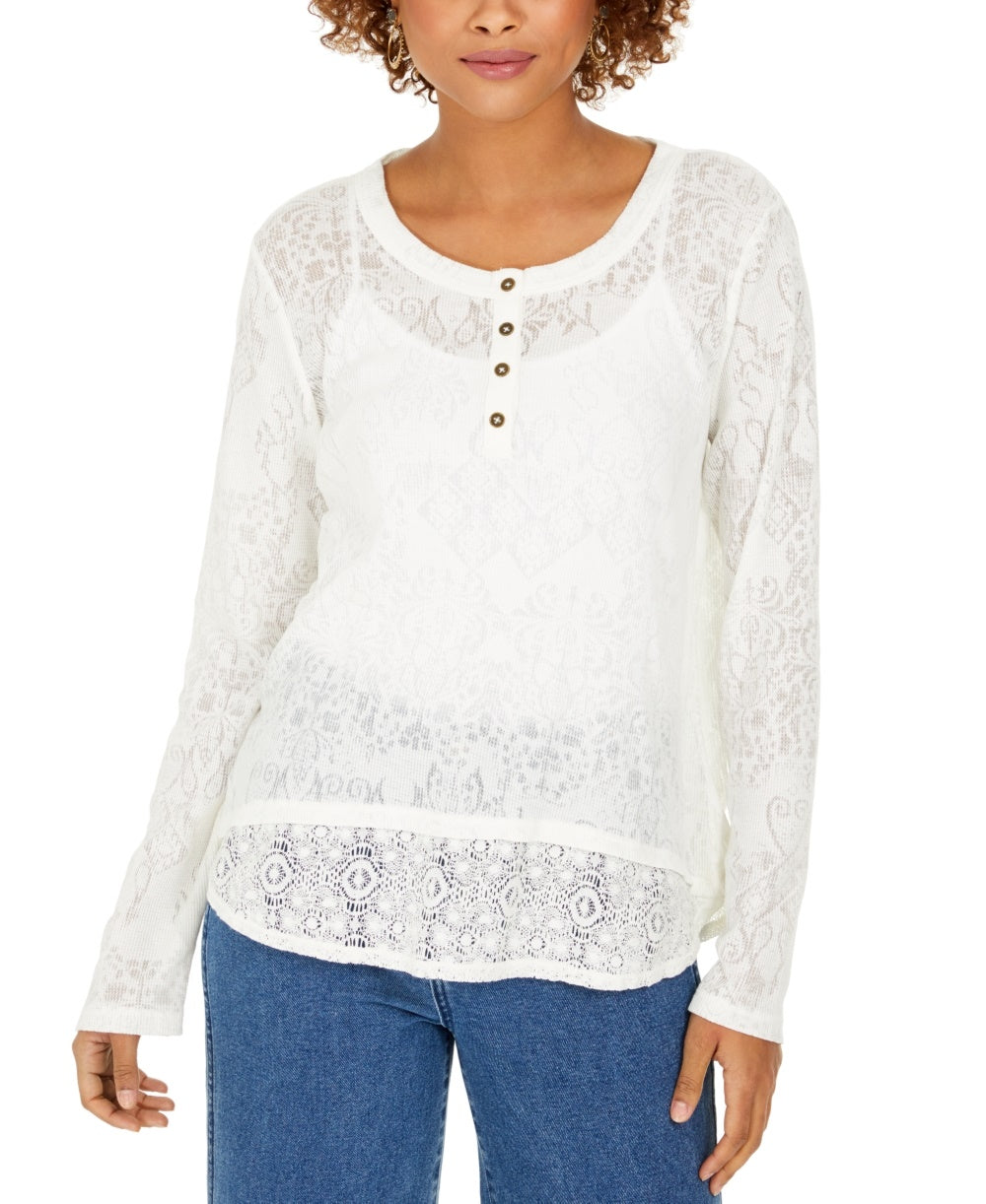Style & Co Women's Lace Henley Top White Size Small