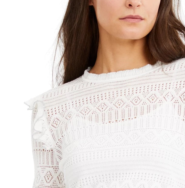 INC International Concepts Women's Ruffle-Trim Pointelle Sweater White Size XX-Large