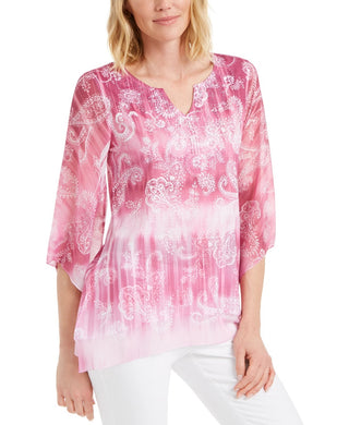 JM Collection Women's Paisley Print Embellished Split Neck Top Pink Size Large