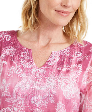 JM Collection Women's Paisley Print Embellished Split Neck Top Pink Size Large