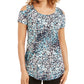 JM Collection Women's Printed Cold Shoulder Top  Navy Size Small