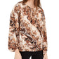 INC International Concepts Women's Blouse Snake-Print Keyhole Tie-Neck Brown Size Medium