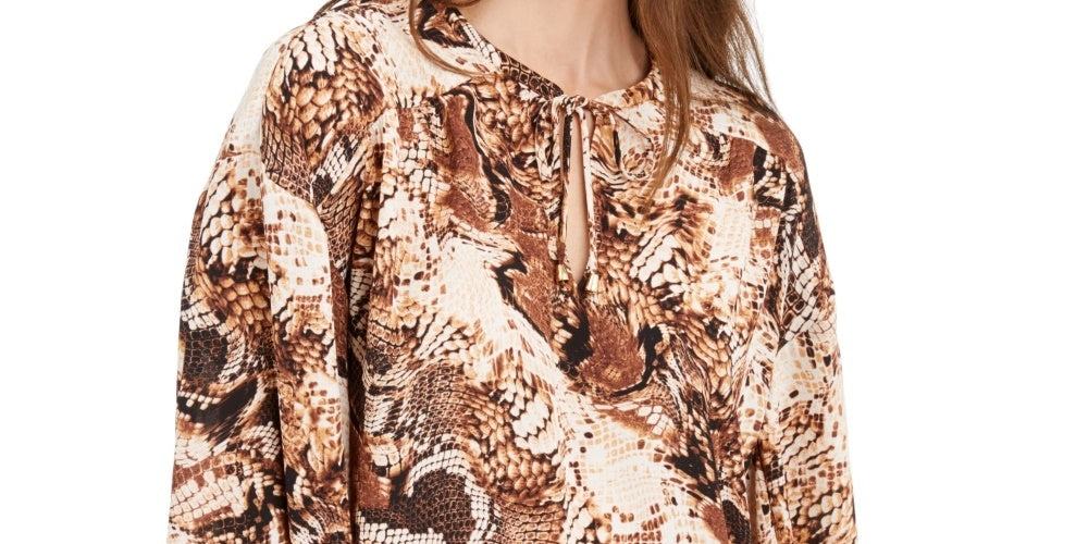 INC International Concepts Women's Blouse Snake-Print Keyhole Tie-Neck Brown Size Medium