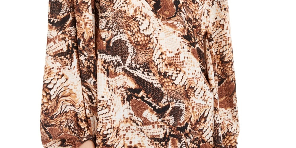 INC International Concepts Women's Blouse Snake-Print Keyhole Tie-Neck Brown Size Medium