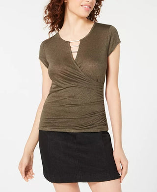 BCX Juniors' Wrap Bar-Detail Top Dark Green Size Small