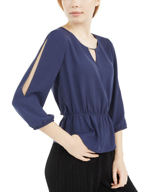 BCX Junior's Split Sleeve Cinched Waist Top Navy Size Small