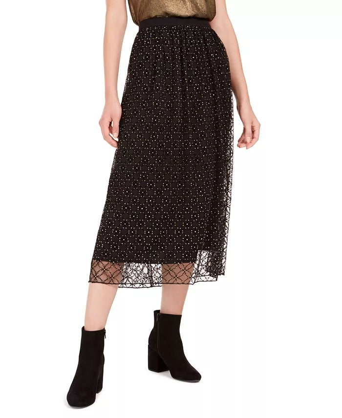 Bar III Women's Lace-Overlay Midi Skirt Black Size Large