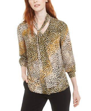 Bar III Women's Printed Tie Neck Top Green Size Small