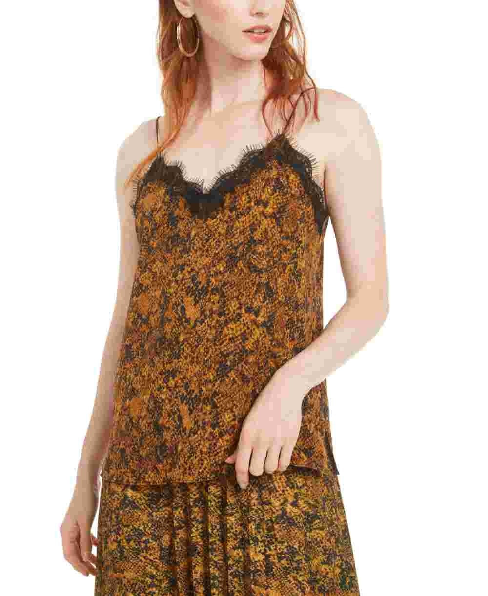 Bar III Women's Snake Print Lace Trim Top Yellow Size Medium