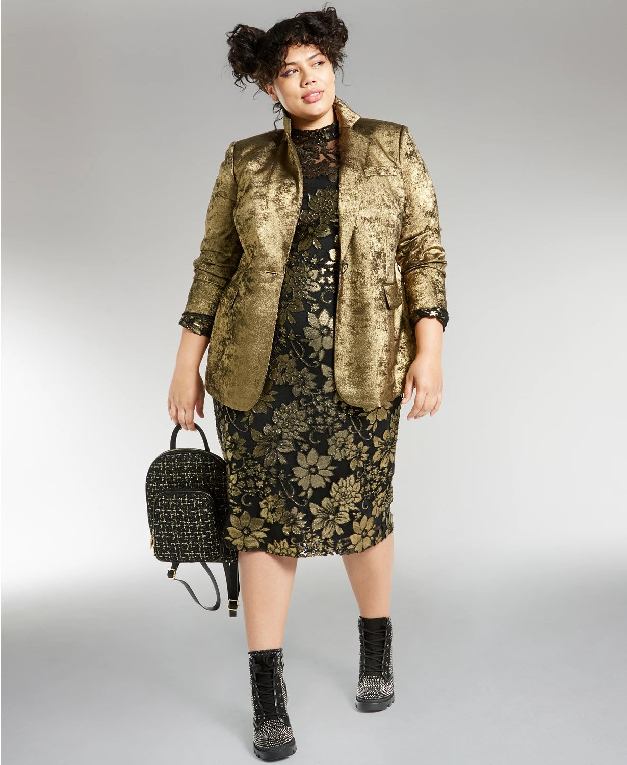 Bar III Women's Trendy Plus Size Metallic One-Button Blazer Gold Size 18W