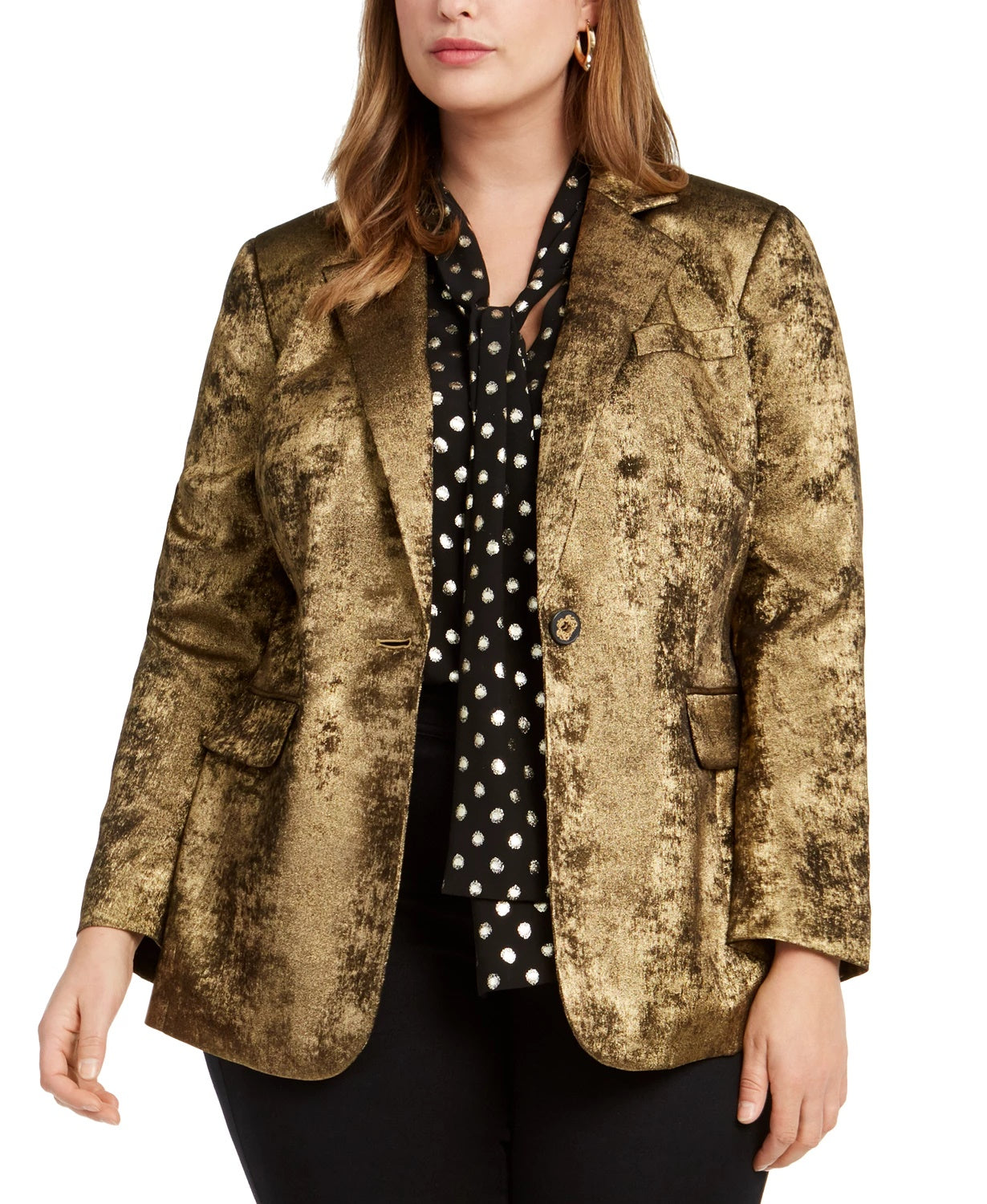 Bar III Women's Trendy Plus Size Metallic One-Button Blazer Gold Size 18W