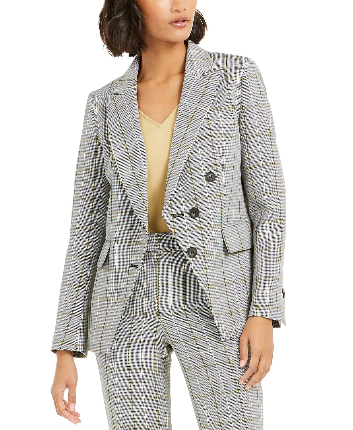 Bar III Women's Faux-Double-Breasted Plaid Blazer Black Size 6