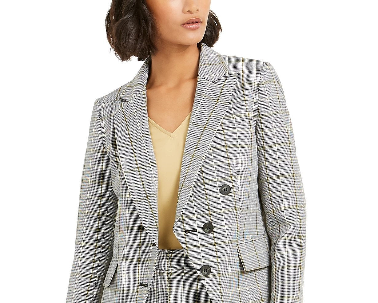 Bar III Women's Faux-Double-Breasted Plaid Blazer Black Size 6