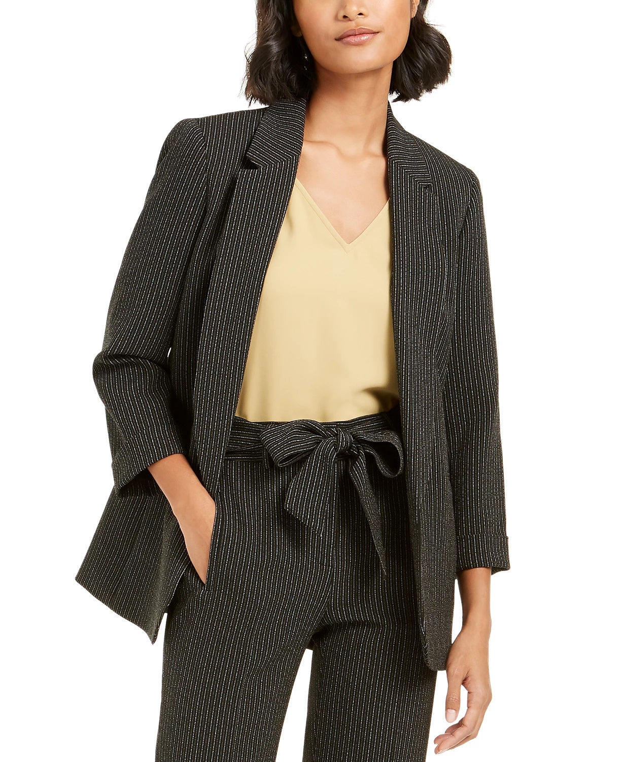 Bar III Women's Pinstripe Open-Front Blazer Charcoal Size X-Small