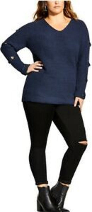 City Chic Women's Trendy Plus Size Grommet-Sleeved Sweater Dark Blue Size Small Petite