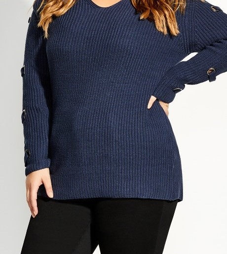 City Chic Women's Trendy Plus Size Grommet-Sleeved Sweater Dark Blue Size Small Petite