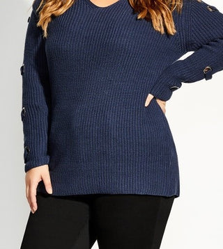 City Chic Women's Trendy Plus Size Grommet-Sleeved Sweater Dark Blue Size Small Petite