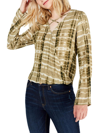 Freshman Juniors' Tie-Dyed Surplice Blouse Dark Green Size Medium