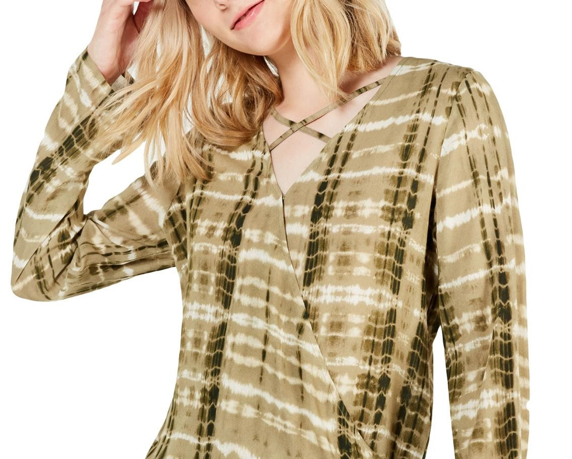 Freshman Juniors' Tie-Dyed Surplice Blouse Dark Green Size Medium